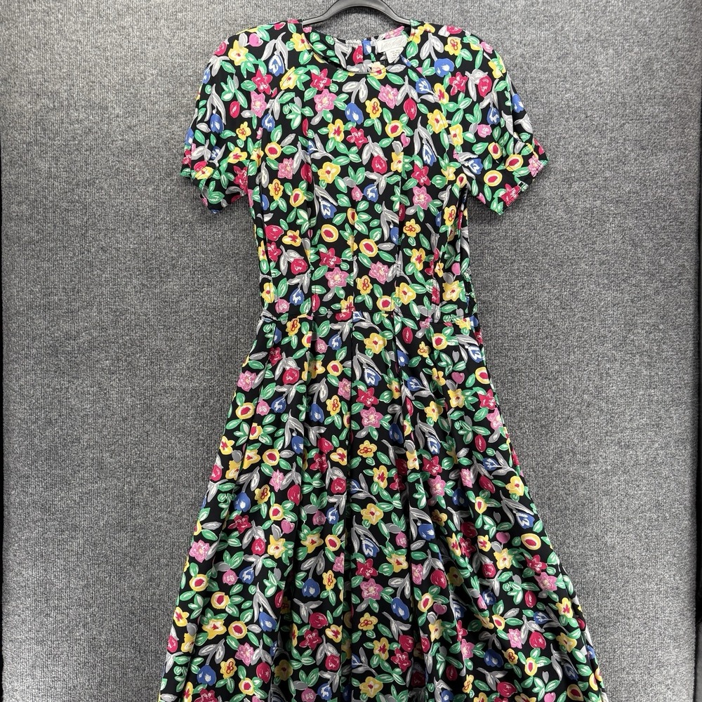 Vintage 30s 40s Lord & Taylor Dress Womens 12 Black Floral Back Button Fit Flare